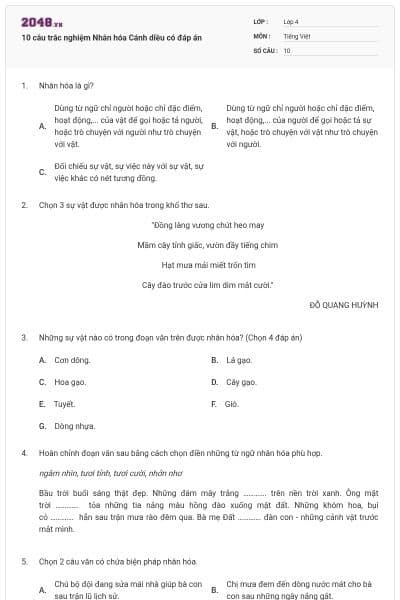 10 câu trắc nghiệm Nhân hóa Cánh diều có đáp án
