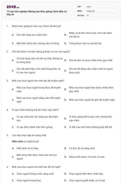 13 câu trắc nghiệm Những hạt thóc giống Cánh diều có đáp án