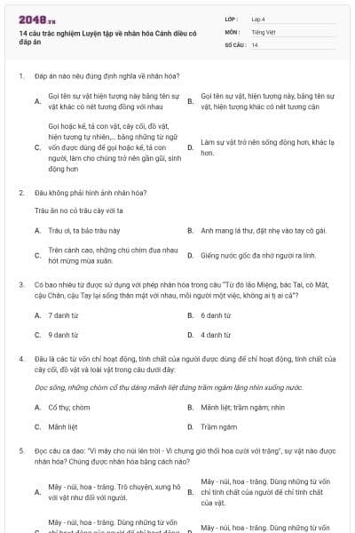 14 câu trắc nghiệm Luyện tập về nhân hóa Cánh diều có đáp án