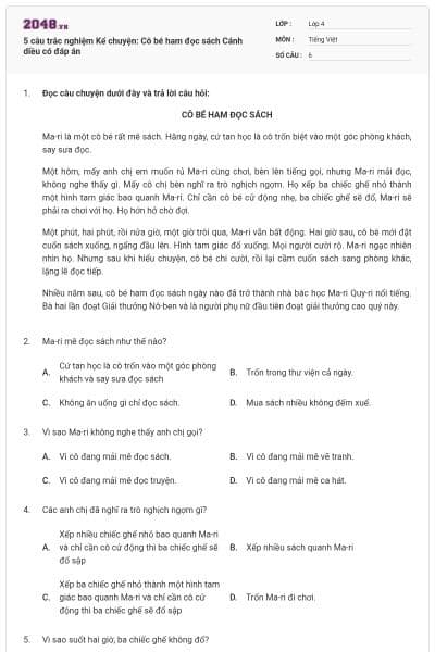 5 câu trắc nghiệm Kể chuyện: Cô bé ham đọc sách Cánh diều có đáp án