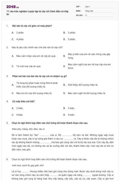 11 câu trắc nghiệm Luyện tập tả cây cối Cánh diều có đáp án