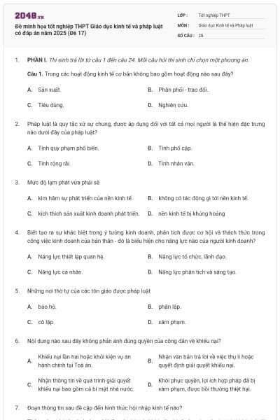Đề minh họa tốt nghiệp THPT Giáo dục kinh tế và pháp luật có đáp án năm 2025 (Đề 17)