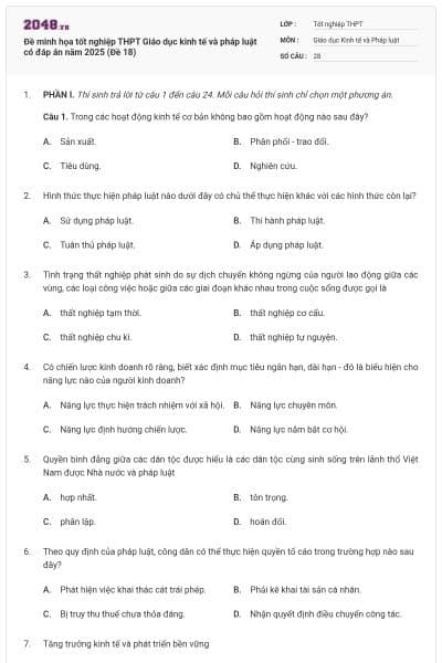 Đề minh họa tốt nghiệp THPT Giáo dục kinh tế và pháp luật có đáp án năm 2025 (Đề 18)