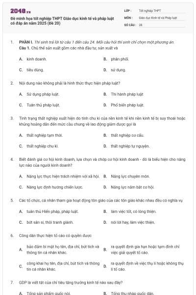 Đề minh họa tốt nghiệp THPT Giáo dục kinh tế và pháp luật có đáp án năm 2025 (Đề 20)