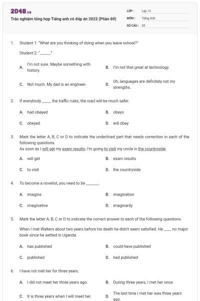 Trắc nghiệm tổng hợp Tiếng anh có đáp án 2023 (Phần 69)