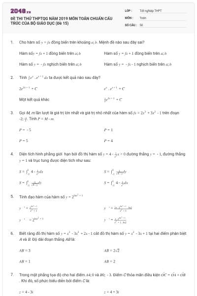 ĐỀ THI THỬ THPTQG NĂM 2019 MÔN TOÁN CHUẨN CẤU TRÚC CỦA BỘ GIÁO DỤC (Đề 15)