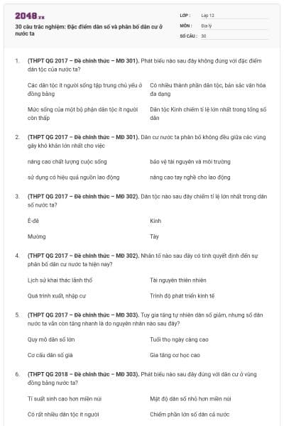 30 câu trắc nghiệm: Đặc điểm dân số và phân bố dân cư ở nước ta