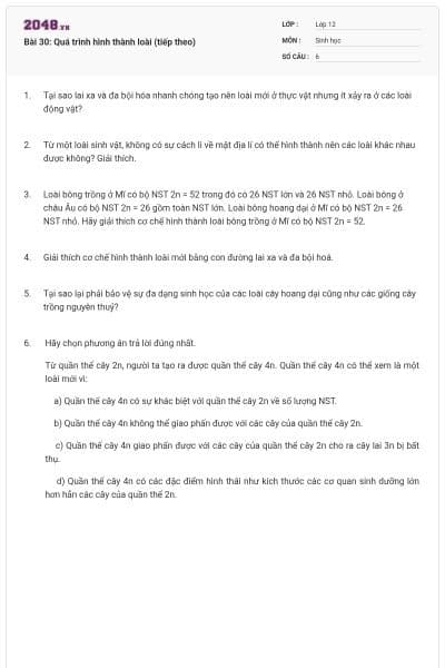 Bài 30: Quá trình hình thành loài (tiếp theo)