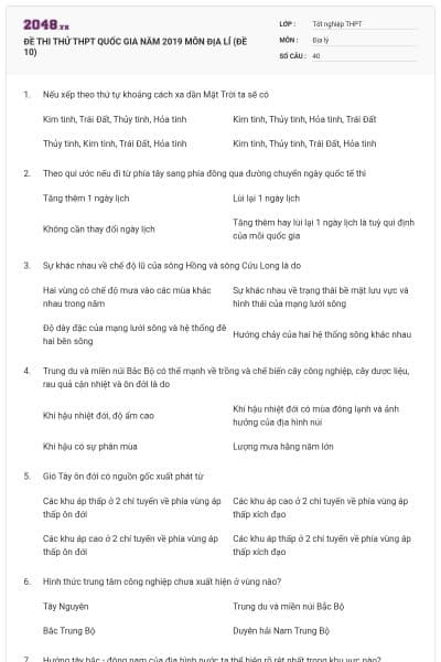 ĐỀ THI THỬ THPT QUỐC GIA NĂM 2019 MÔN ĐỊA LÍ (ĐỀ 10)