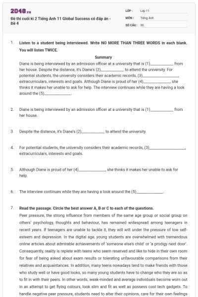 Đề thi cuối kì 2 Tiếng Anh 11 Global Success có đáp án - Đề 4