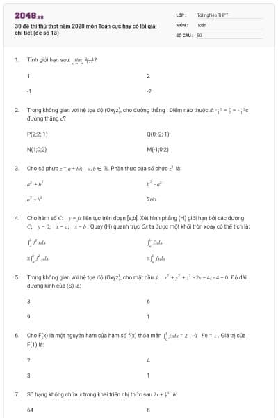30 đề thi thử thpt năm 2020 môn Toán cực hay có lời giải chi tiết (đề số 13)
