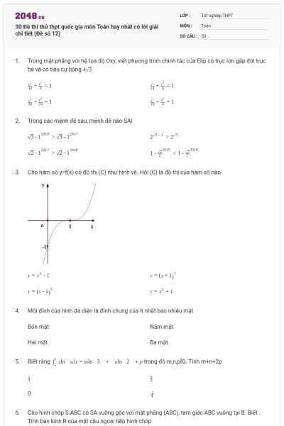30 Đề thi thử thpt quốc gia môn Toán hay nhất có lời giải chi tiết (Đề số 12)