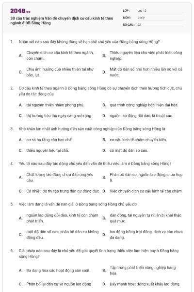 30 câu trắc nghiệm Vấn đề chuyển dịch cơ cấu kinh tế theo ngành ở ĐB Sông Hồng