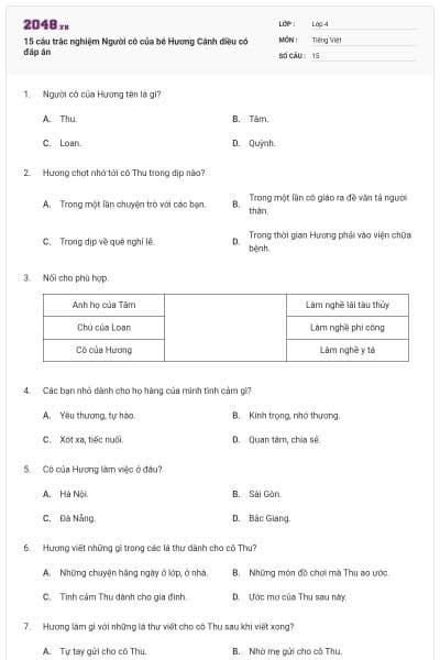 15 câu trắc nghiệm Người cô của bé Hương Cánh diều có đáp án