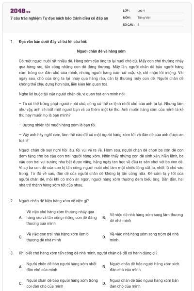 7 câu trắc nghiệm Tự đọc sách báo Cánh diều có đáp án