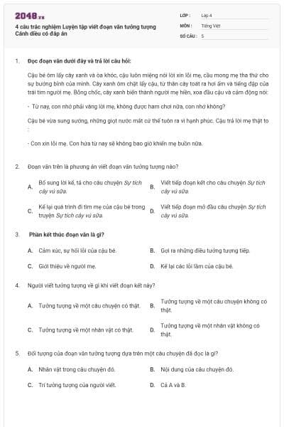 4 câu trắc nghiệm Luyện tập viết đoạn văn tưởng tượng Cánh diều có đáp án
