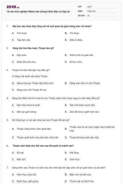 18 câu trắc nghiệm Mảnh sân chung Cánh diều có đáp án