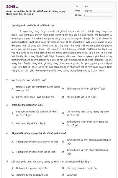 4 câu trắc nghiệm Luyện tập viết đoạn văn tưởng tượng (tiếp) Cánh diều có đáp án