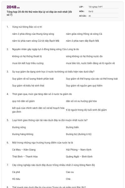 Tổng hợp 20 đề thi thử môn Địa Lý có đáp án mới nhất (đề số 7)