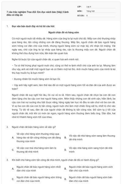 7 câu trắc nghiệm Trao đổi: Em đọc sách báo (tiếp) Cánh diều có đáp án