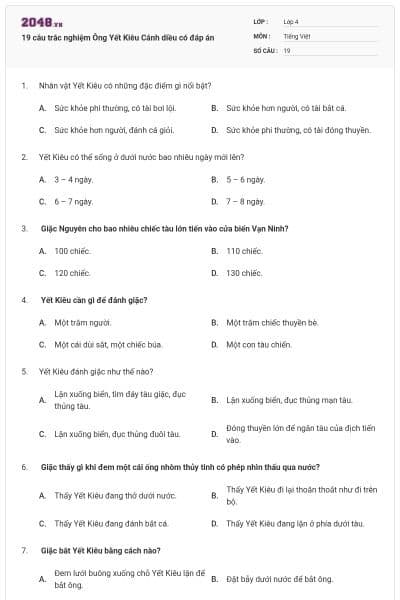 19 câu trắc nghiệm Ông Yết Kiêu Cánh diều có đáp án