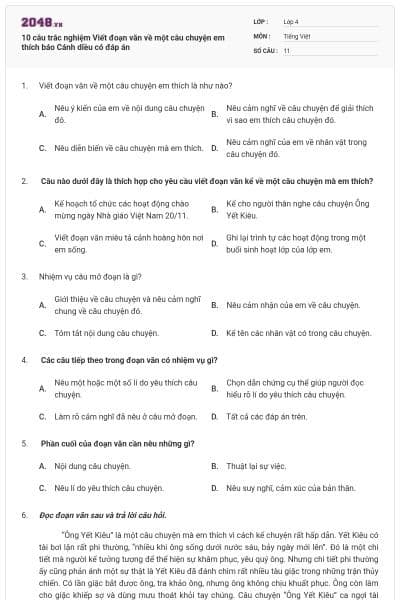 10 câu trắc nghiệm Viết đoạn văn về một câu chuyện em thích báo Cánh diều có đáp án