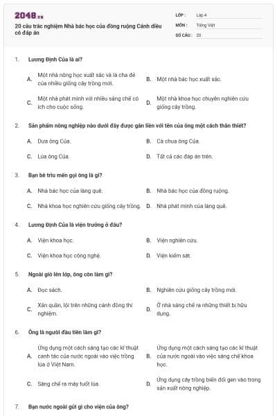 20 câu trắc nghiệm Nhà bác học của đồng ruộng Cánh diều có đáp án