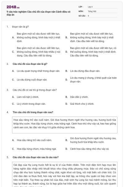 9 câu trắc nghiệm Câu chủ đề của đoạn văn Cánh diều có đáp án