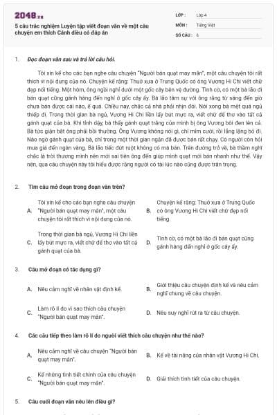 5 câu trắc nghiệm Luyện tập viết đoạn văn về một câu chuyện em thích Cánh diều có đáp án