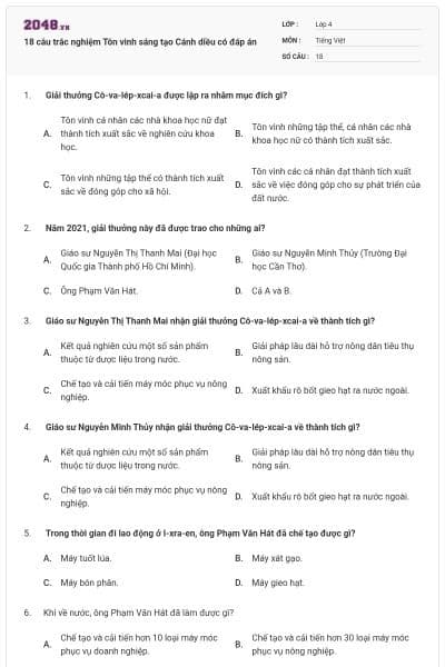 18 câu trắc nghiệm Tôn vinh sáng tạo Cánh diều có đáp án