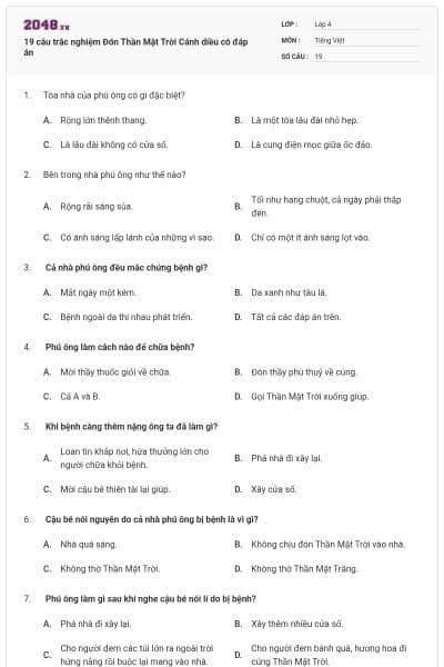 19 câu trắc nghiệm Đón Thần Mặt Trời Cánh diều có đáp án