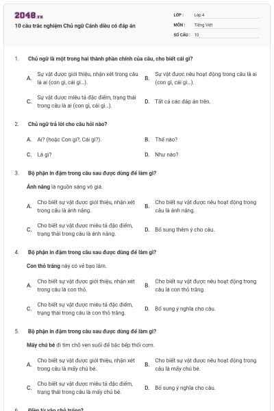 10 câu trắc nghiệm Chủ ngữ Cánh diều có đáp án