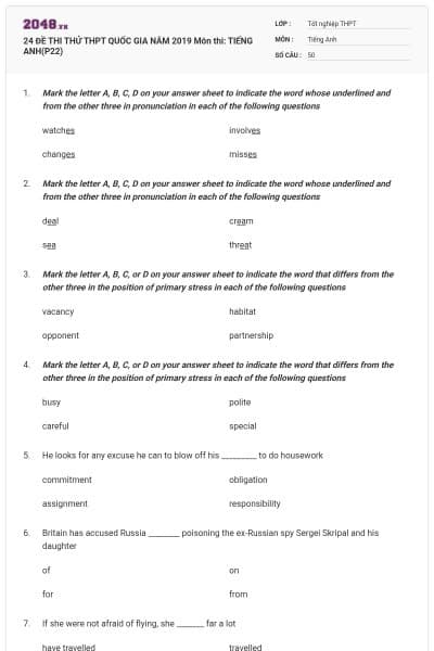 24 ĐỀ THI THỬ THPT QUỐC GIA NĂM 2019 Môn thi: TIẾNG ANH(P22)