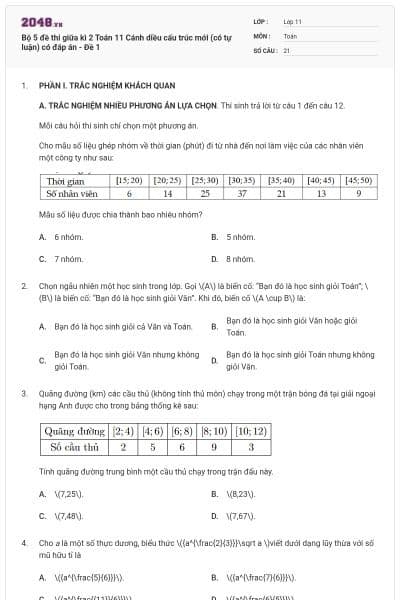 Bộ 5 đề thi giữa kì 2 Toán 11 Cánh diều cấu trúc mới (có tự luận) có đáp án - Đề 1