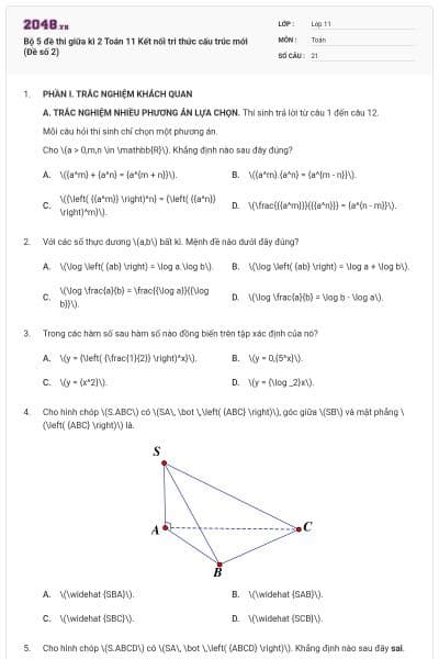 Bộ 5 đề thi giữa kì 2 Toán 11 Kết nối tri thức cấu trúc mới (Đề số 2)