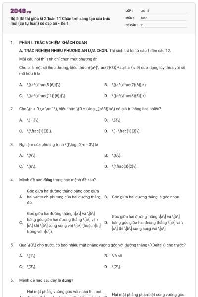 Bộ 5 đề thi giữa kì 2 Toán 11 Chân trời sáng tạo cấu trúc mới (có tự luận) có đáp án - Đề 1