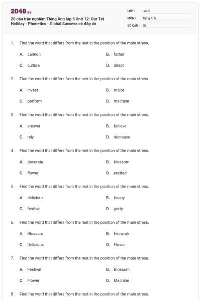 20 câu trắc nghiệm Tiếng Anh lớp 5 Unit 12: Our Tet Holiday - Phonetics - Global Success có đáp án