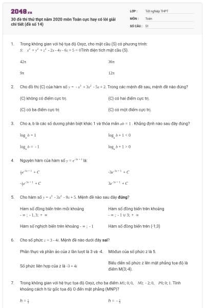 30 đề thi thử thpt năm 2020 môn Toán cực hay có lời giải chi tiết (đề số 14)