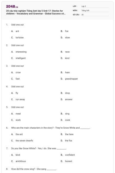 20 câu trắc nghiệm Tiếng Anh lớp 5 Unit 17: Stories for children - Vocabulary and Grammar - Global Success có đáp án