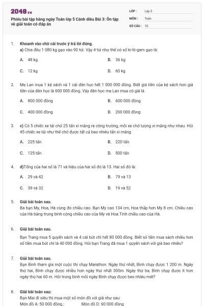 Phiếu bài tập hàng ngày Toán lớp 5 Cánh diều Bài 3: Ôn tập về giải toán có đáp án