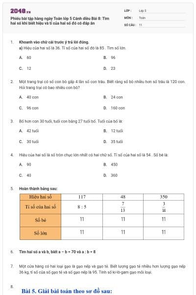 Phiếu bài tập hàng ngày Toán lớp 5 Cánh diều Bài 8: Tìm hai số khi biết hiệu và tỉ của hai số đó có đáp án