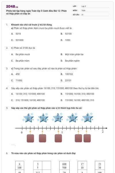 Phiếu bài tập hàng ngày Toán lớp 5 Cánh diều Bài 12: Phân số thập phân có đáp án