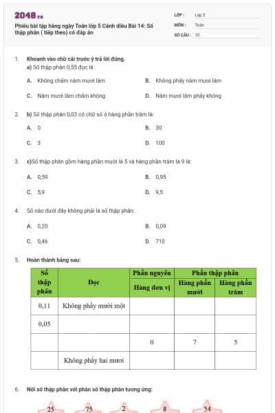 Phiếu bài tập hàng ngày Toán lớp 5 Cánh diều Bài 14: Số thập phân ( tiếp theo) có đáp án