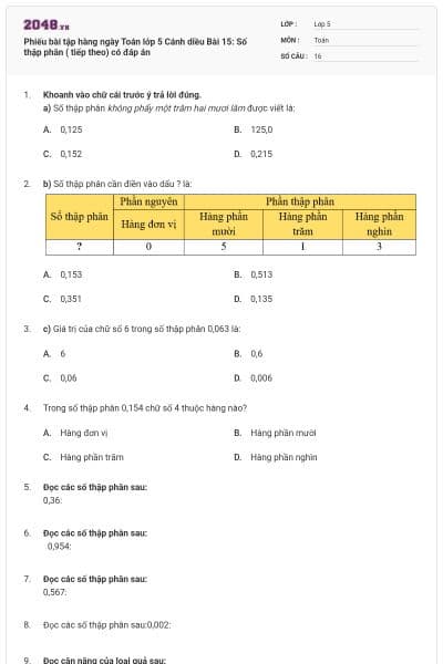 Phiếu bài tập hàng ngày Toán lớp 5 Cánh diều Bài 15: Số thập phân ( tiếp theo) có đáp án