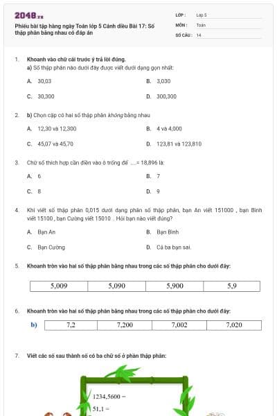 Phiếu bài tập hàng ngày Toán lớp 5 Cánh diều Bài 17: Số thập phân bằng nhau có đáp án