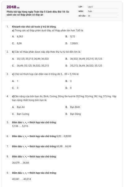 Phiếu bài tập hàng ngày Toán lớp 5 Cánh diều Bài 18: So sánh các số thập phân có đáp án