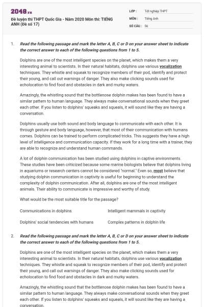 Đề luyện thi THPT Quốc Gia - Năm 2020 Môn thi: TIẾNG ANH (Đề số 17)