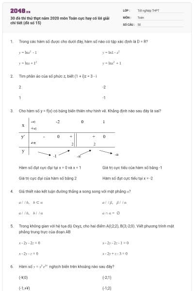 30 đề thi thử thpt năm 2020 môn Toán cực hay có lời giải chi tiết (đề số 15)