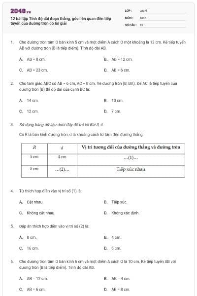 12 bài tập Tính độ dài đoạn thẳng, góc liên quan đến tiếp tuyến của đường tròn có lời giải