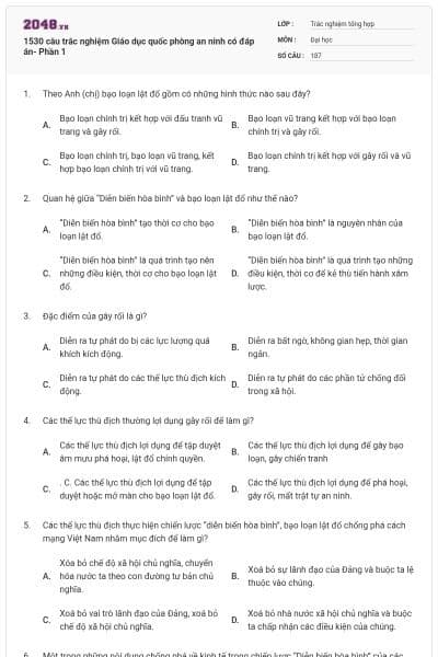 1530 câu trắc nghiệm Giáo dục quốc phòng an ninh có đáp án- Phần 1